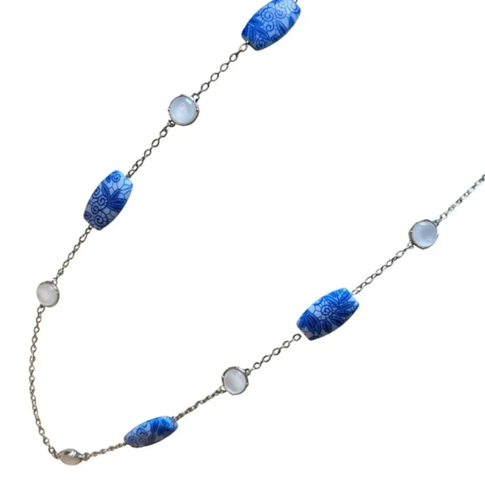 Kim Rogers Long‎ Chain Necklace Blue White Floral Beads Silver Tone Cabochon
